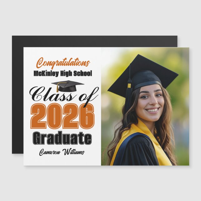 Orange Class of 2026 Graduation Photo Magnet Card (Fram/baksida)