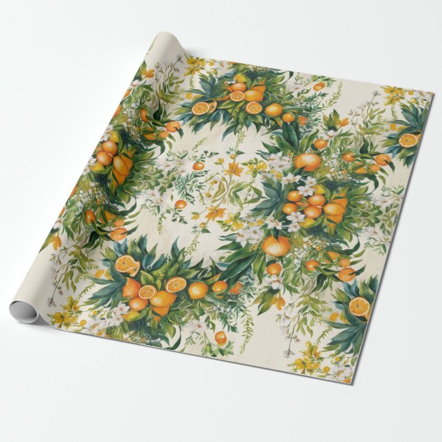 Orange Clementinwreaths blommigt foliage Presentpapper (Utrullad)