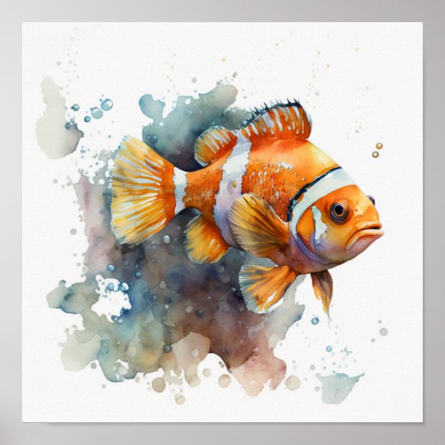 Orange clownfisk med mjuka akvarellsprut poster (Framsidan)