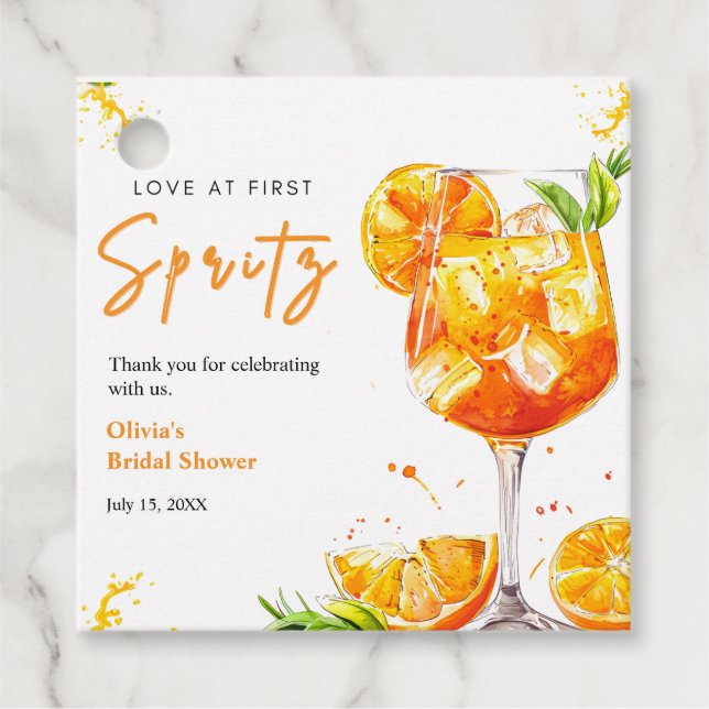 Orange Cocktail Kärlek vid Första Spritz Bröllopsf Gåvor Etiketter (Framsida)