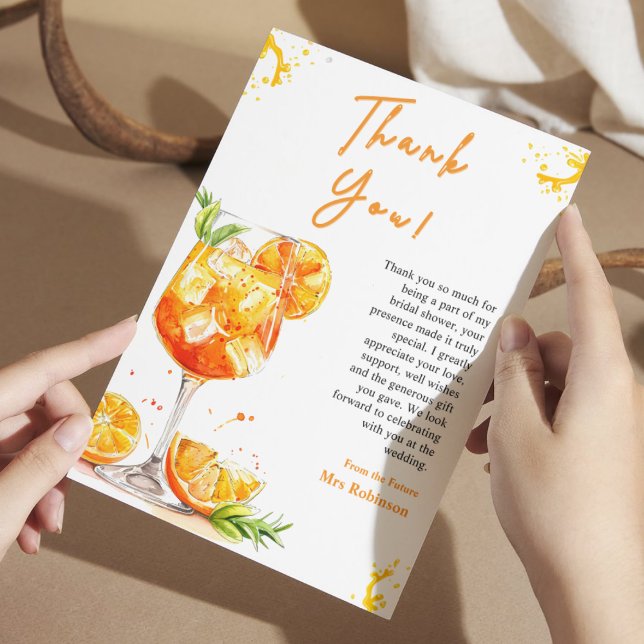 Orange Cocktail Kärlek vid Första Spritz Bröllopsf Tack Kort (Orange Cocktail Love at First Spritz Bridal Shower Thank You Card  )