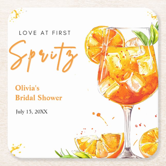 Orange Cocktail Kärlek vid Första Spritz Bröllopsf Underlägg Papper Kvadrat (Framsidan)