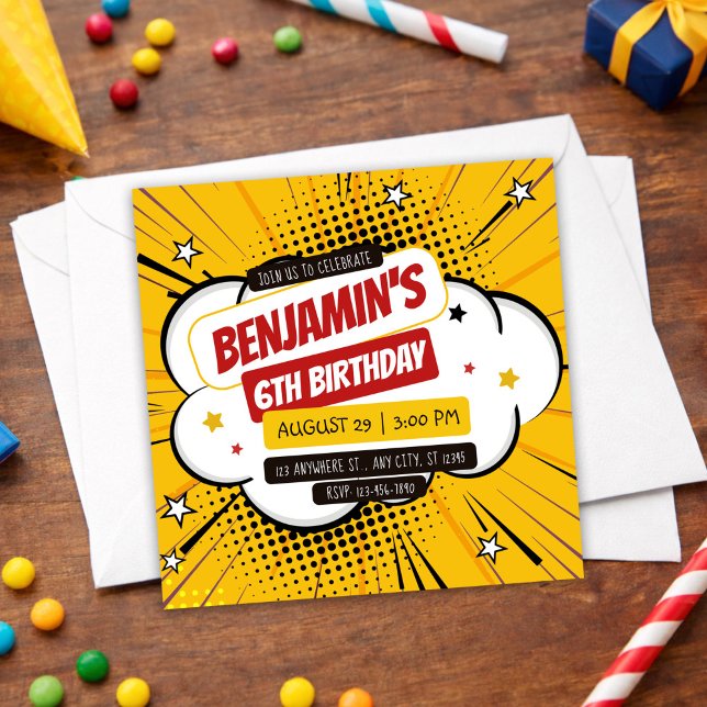 Orange Comic Superhero Pop Art Kids 6th Birthday Inbjudningar (Orange Comic Superhero Pop Art Kids 6th Birthday Invitation, Boy Birthday Invite)