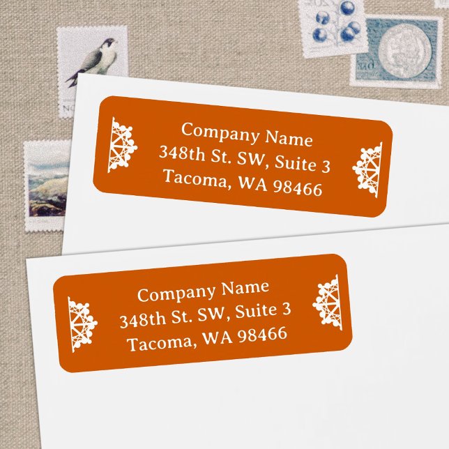 Orange Company Helgdag Snöflingor Mailing Adress Returadress Etikett (winter orange spice address label for company Christmas cards with white snowflakes)