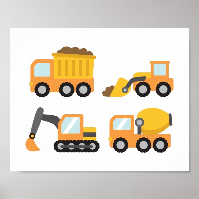 Orange Construction Vehicles Kids Room Decor Poster (Framsidan)