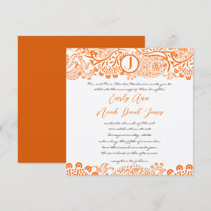 Orange Coral Lovebird Mönster Monogram Bröllop Inbjudningar