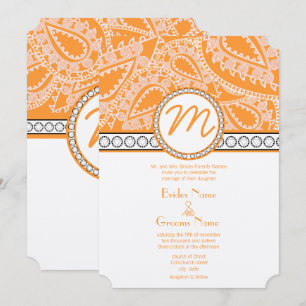Orange Coral Monogram Paisley Bröllopsinbjudan Inbjudningar