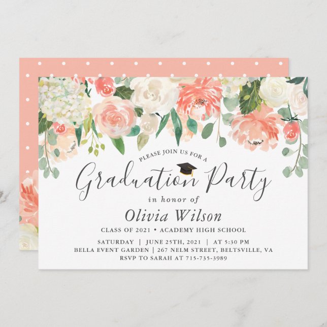 Orange Coral Peach Flowers Studentfest Inbjudningar (Fram/baksida)