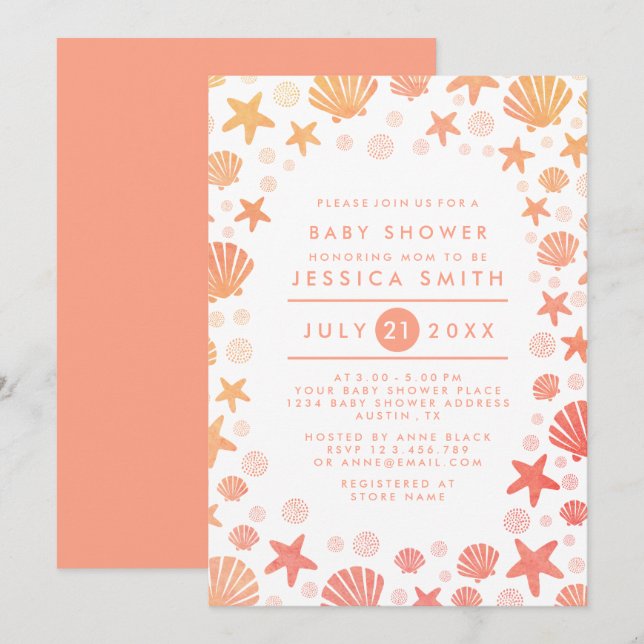 Orange-Coral Sea Sak Baby Shower-inbjudan Inbjudningar (Fram/baksida)