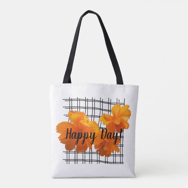 Orange Cosmos Flower on Black Grid on White Tygkasse (Baksida)