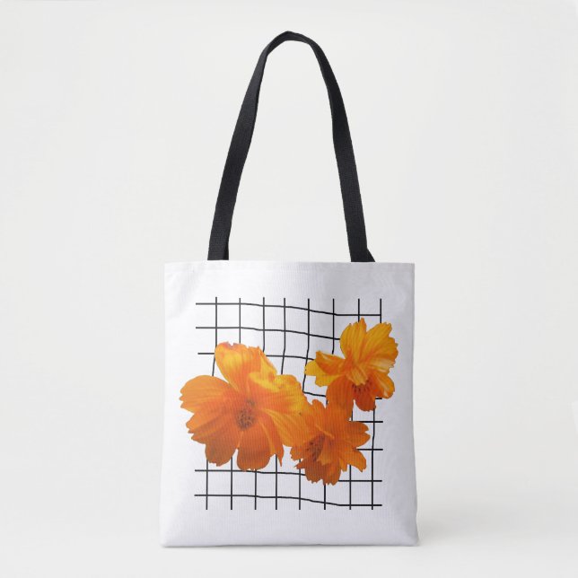 Orange Cosmos Flower on Black Grid on White Tygkasse (Framsida)