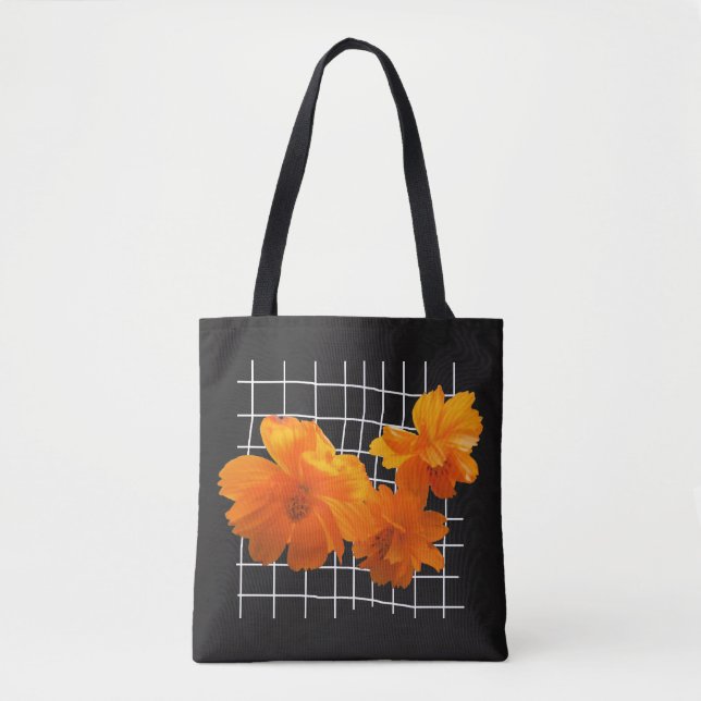 Orange Cosmos Flower on White Grid on Black Tygkasse (Framsida)