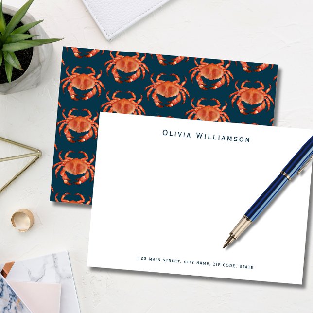 Orange Crab Seaside Ocean mönster Anteckningskort (Coastal crab, crustacean illustrated notecard. Personalize with your own name and address details.)