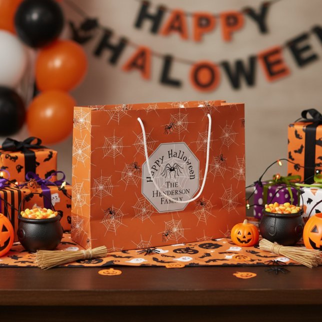 Orange Creepy Spindelnät Anpassningsbar Halloween (Spooky Orange and Black Spiderweb Gift Bags. Creepy Black Spiders & Webs Pattern for Halloween Party)