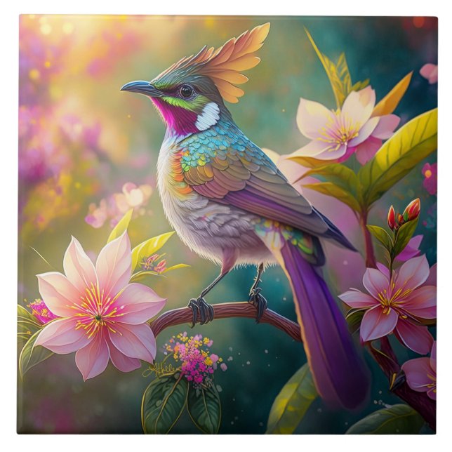 Orange Crested Rainbow Jay Fantasy Bird Kakelplatta (Framsidan)