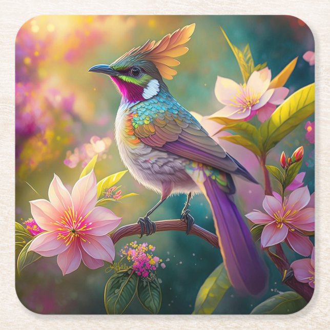 Orange Crested Rainbow Jay Fantasy Bird Underlägg Papper Kvadrat (Framsidan)