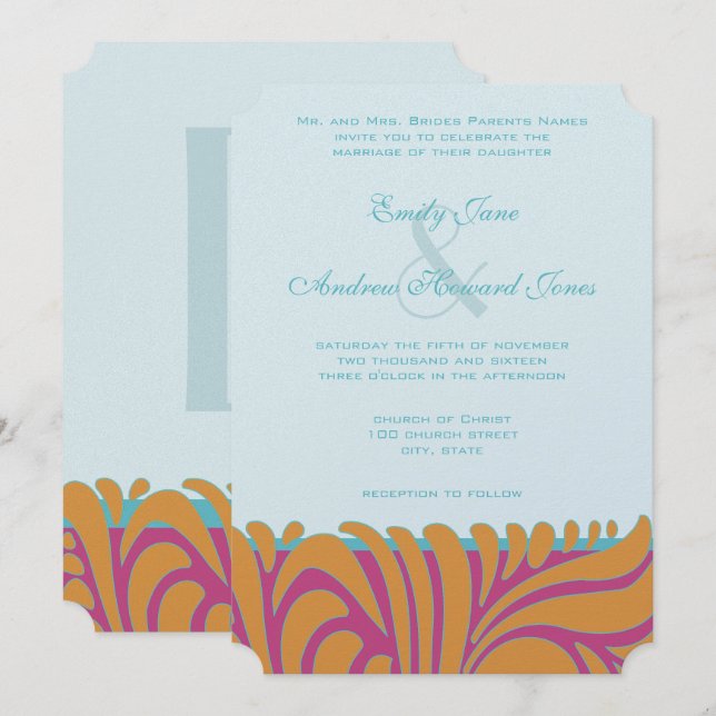 Orange Crush Aqua Fuchsia Swirls på Silver Inbjudningar (Fram/baksida)