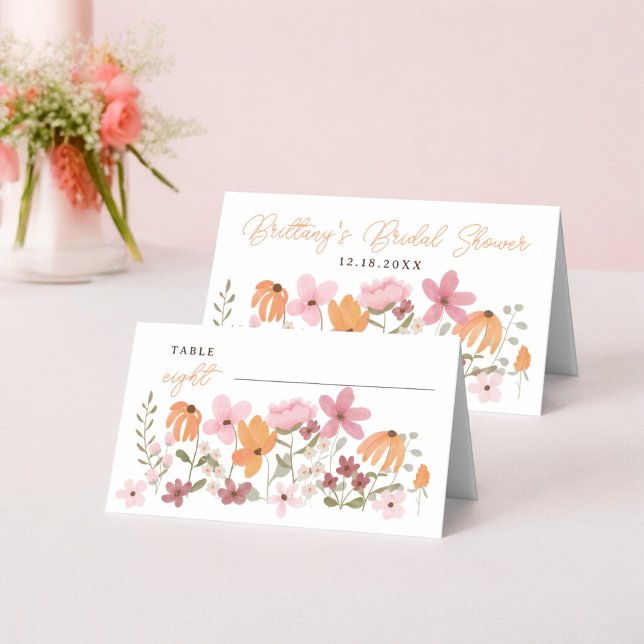 Orange Cute boho meadow wildblomma möhippa Placeringskort (Orange Cute boho meadow wildflower bridal shower Place Card)