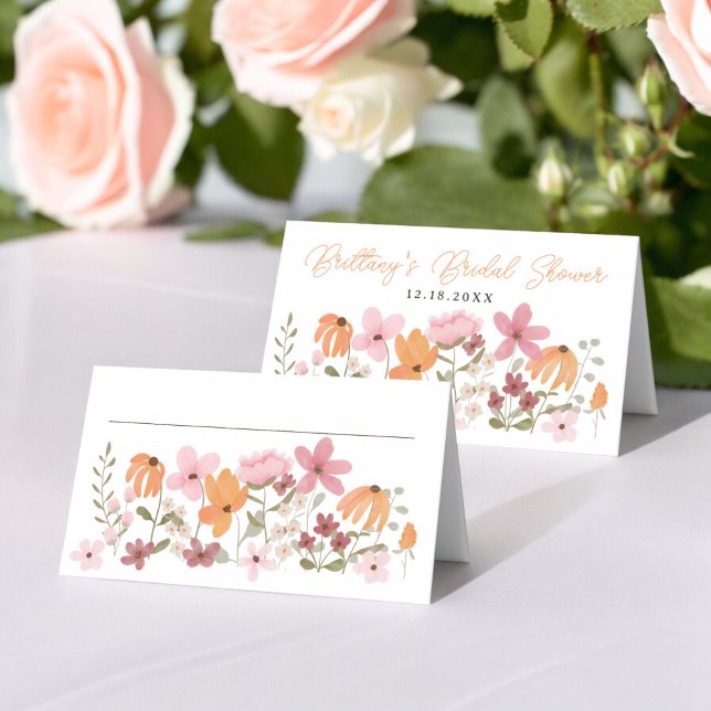Orange Cute boho meadow wildblomma möhippa Placeringskort (Orange Cute boho meadow wildflower bridal shower Place Card)