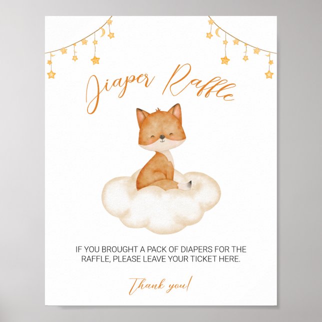 Orange Cute Fox Baby Shower Diaper Raffle Poster (Framsidan)