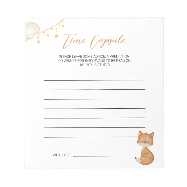 Orange Cute Fox Baby Shower Time Capsule Anteckningsblock (Framsida)