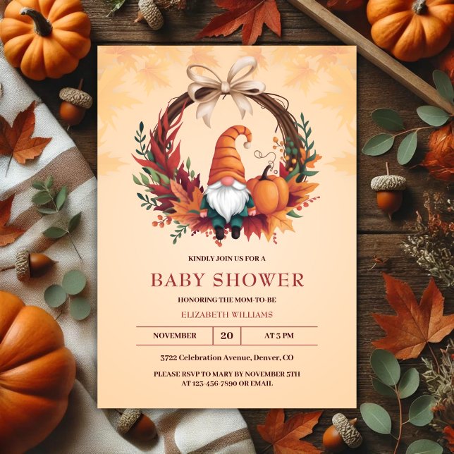 Orange Cute Gnome Fall Pumpkin Wandeann Baby Showe Inbjudningar (Orange Cute Gnome Fall Pumpkin Wreath Baby Shower Invitation)