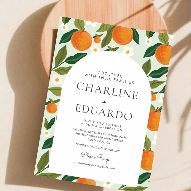 Orange Cute Grönt Sommar Bröllop QR-kod Inbjudningar (Skapare uppladdad)