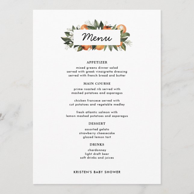 Orange Cutie Citrus Bord Menu-kort Meny (Framsida)
