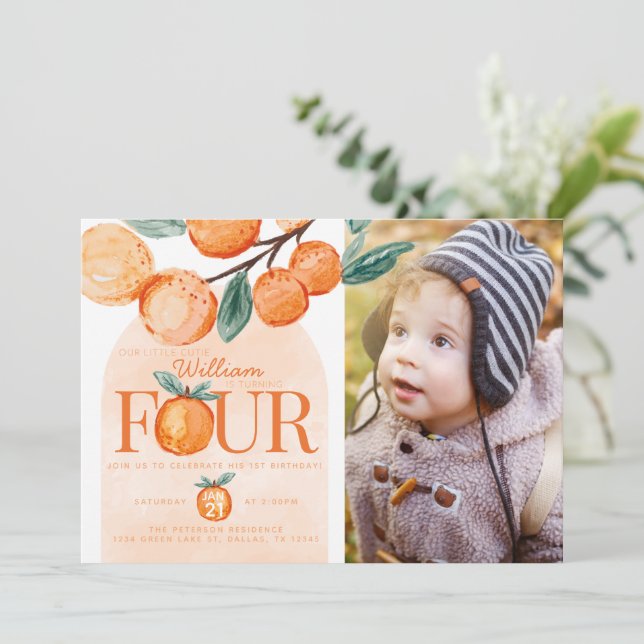 Orange Cutie som vänder FYUR 4e födelsedagen Party Inbjudningar (Stående Fram)