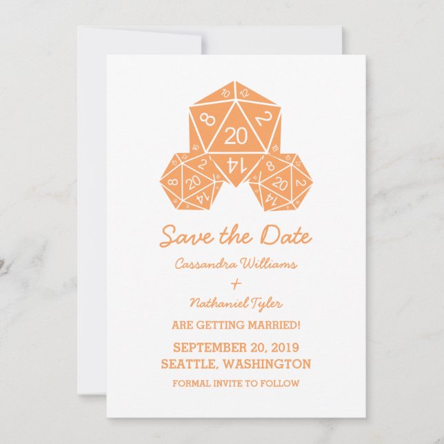 Orange D20 - Dice Save the Date Inbjudan (Framsida)