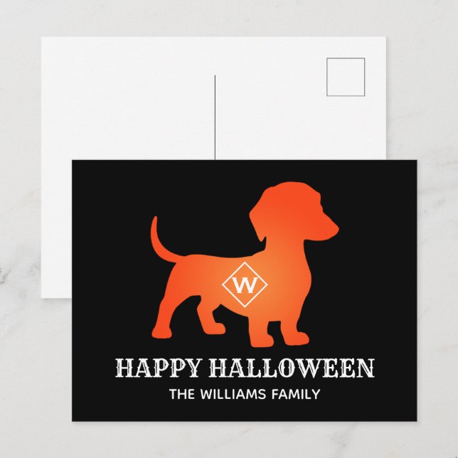 Orange Dachshund Happy halloween-familjen Namn Helg Vykort (Fram/baksida)