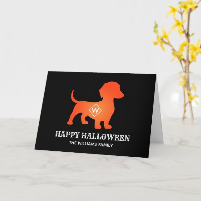 Orange Dachshund Happy halloween-familjen Namn Kort (Gul blomma)