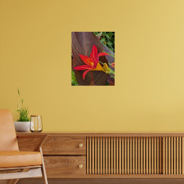 Orange Daglilje Blomning och Växtblad Poster