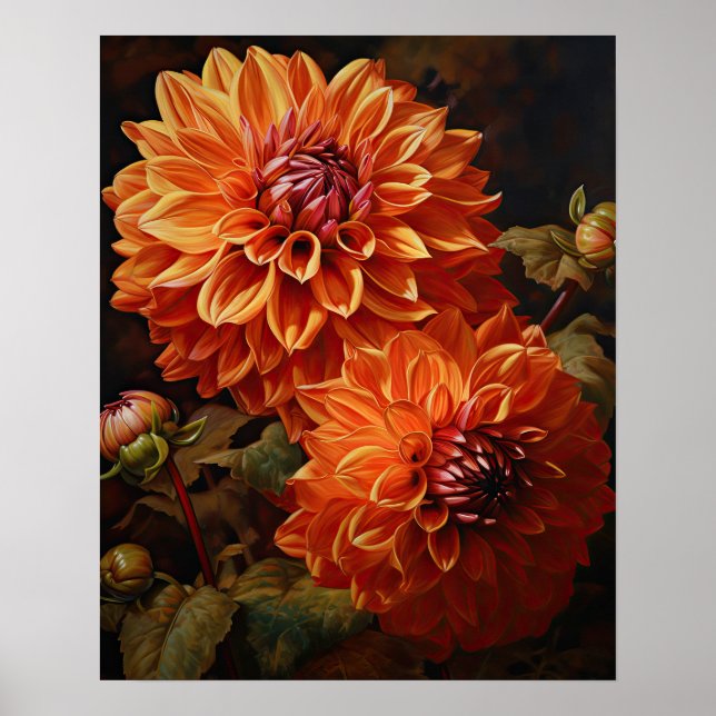 Orange Dahlia Flowers Art Print Poster (Framsidan)