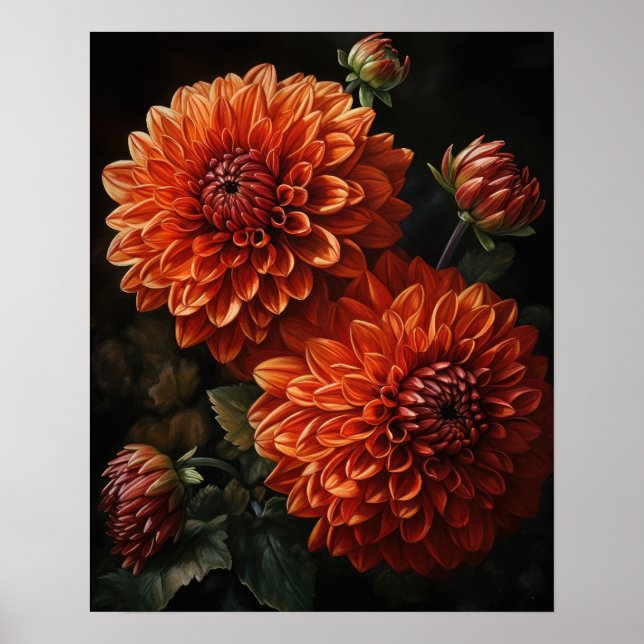 Orange Dahlia Flowers Art Print Poster (Framsidan)