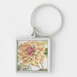 Orange Dahlia Fyrkantig Silverfärgad Nyckelring