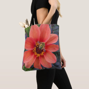 Orange Dahlia med Blommigten Fuzzy Bee Tygkasse