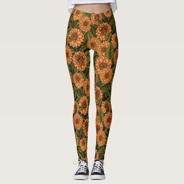 Orange Dahlia-trädgård Leggings (Framsida)