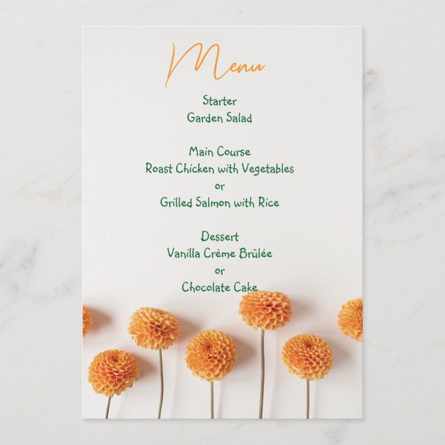 Orange Dahlia Wedding Menu – Warm Floral Elegance Meny (Framsida)