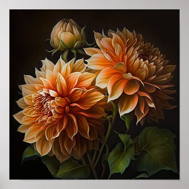 Orange Dahlias Flower Art Print Poster (Framsidan)
