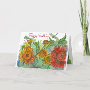 Orange Daisy Flowers Dragonfly Grattis på födelsed Kort