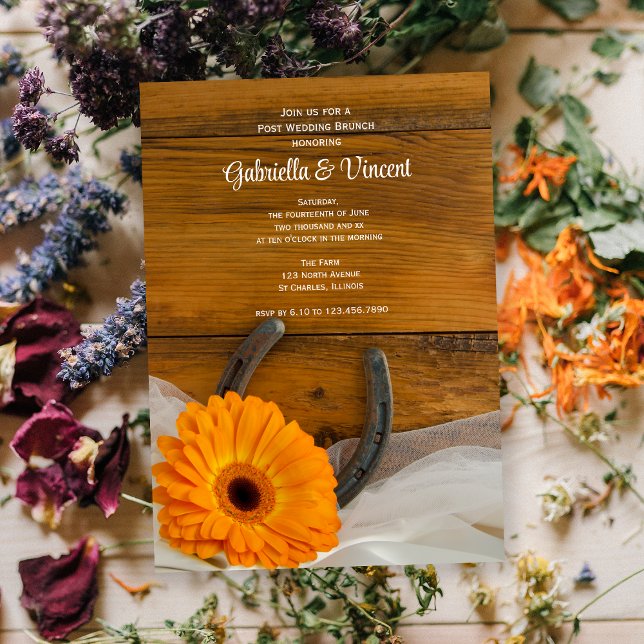 Orange Daisy Horseshoe Western Post Bröllop Brunch Inbjudningar (Skapare uppladdad)
