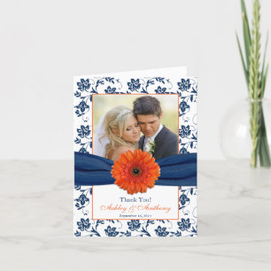 Orange Daisy Navy Damask Bröllop Tacksamhetskort Tack Kort