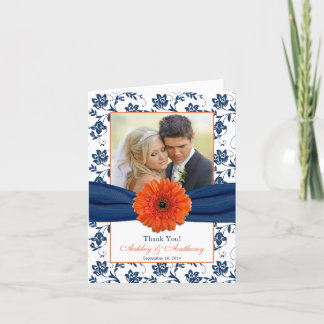 Orange Daisy Navy Damask Bröllop Tacksamhetskort Tack Kort
