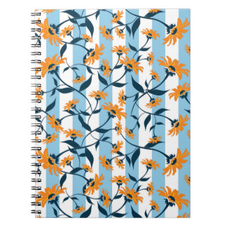 Orange Daisy Navy Vine Aqua Blå Rand Mönster Anteckningsbok