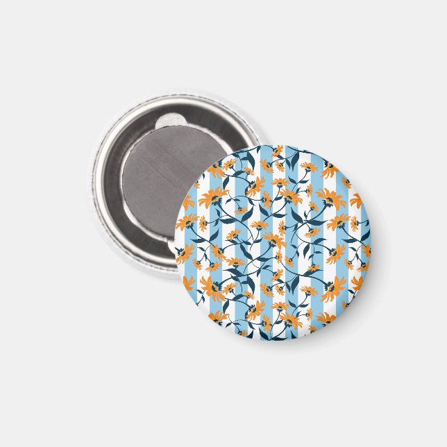 Orange Daisy Navy Vine Aqua Blå Rand Mönster Magnet (Front/Back)