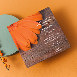 Orange Daisy och Barn Wood Par Möhippa Inbjudningar