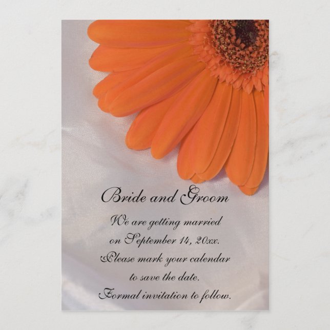 Orange Daisy och vit satatin Bröllop spara datum Spara Datumet (Framsida)