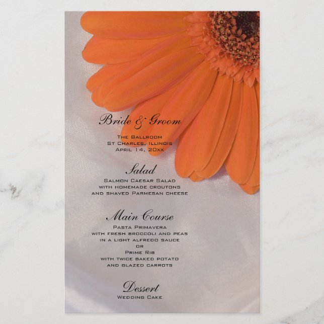 Orange Daisy på menyn Vit satäng Bröllop (Framsida)