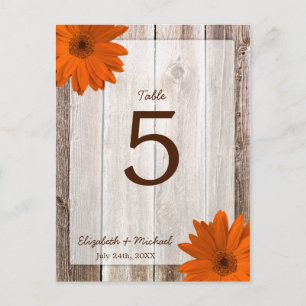 Orange Daisy Rustic Barn Wood Bröllop Bordsnummer